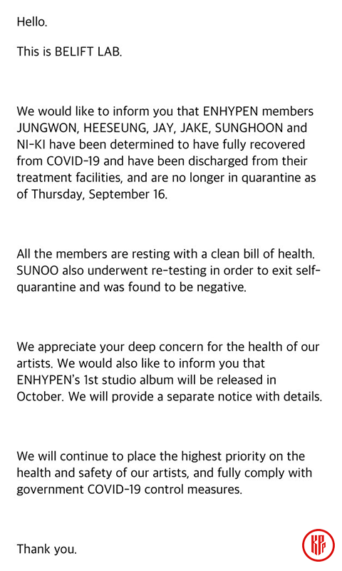 Official Statement from ENHYPEN agency, BELIFT LAB.