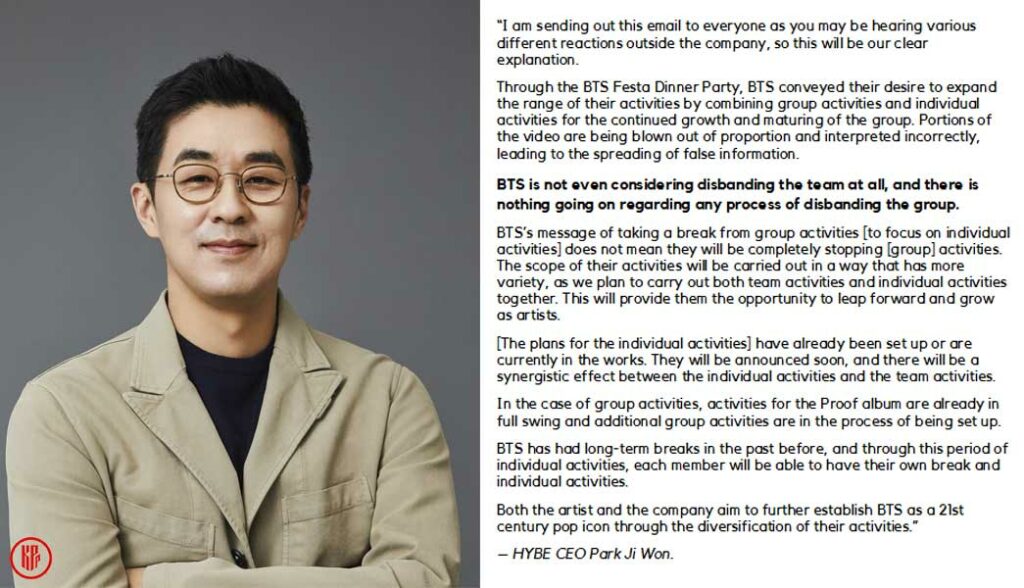 A complete statement from HYBE CEO Park Ji Won about BTS hiatus announcement.