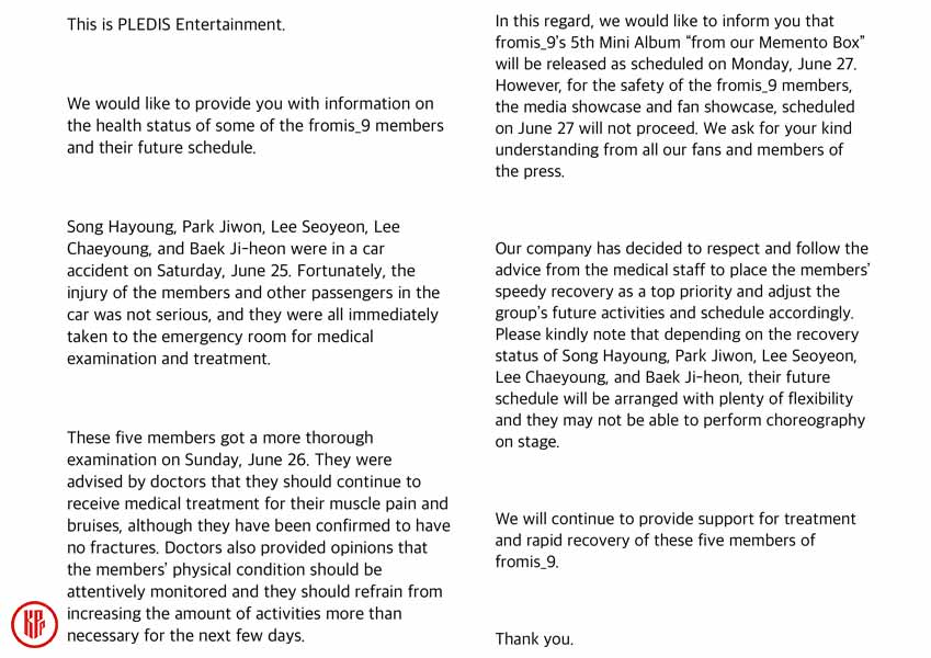 PLEDIS Entertainment’s official statement regarding the canceled comeback showcase due to 5 fromis_9 injured members. | Twitter