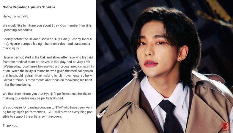 JYP Entertainment statement about what really happened to Hyunjin injury. | Twitter