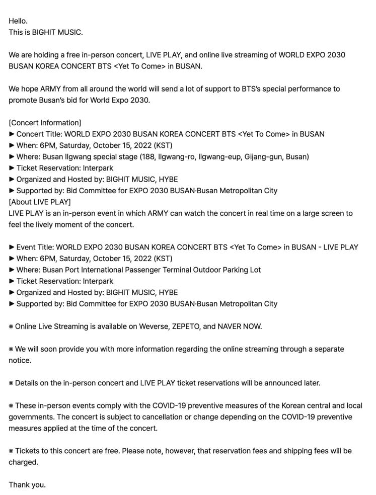 Official announcement from BigHit regarding BTS free concert at World Expo 2030 Busan.