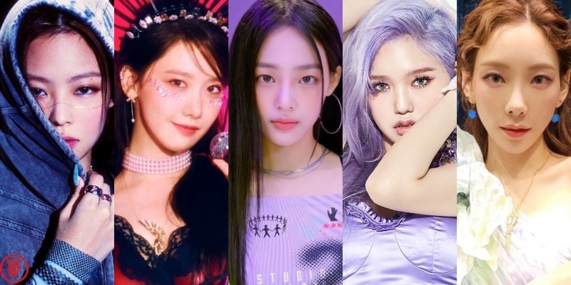 Blackpink Jennie, Girls’ Generation YoonA, New Jeans Minji, Oh My Girl Mimi, and Girls Generation Taeyeon (left to right).