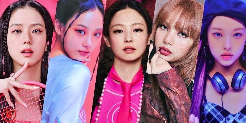 Top 5 Most Popular Individual Kpop Boy Group Members - Blackpink Jisoo, NewJeans Minji, Blackpink Jennie, Blackpink Lisa, and NewJeans Haerin.