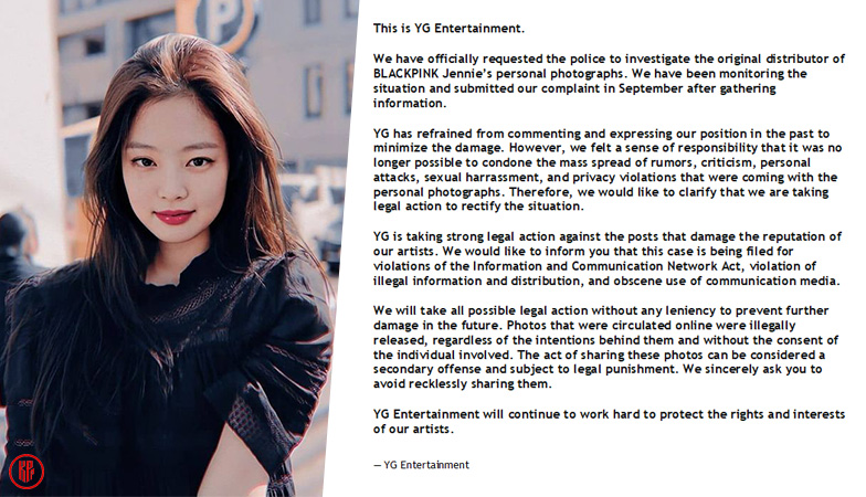 YG Entertainment official statement about the leak of BLACKPINK Jennie personal photos. | Twitter