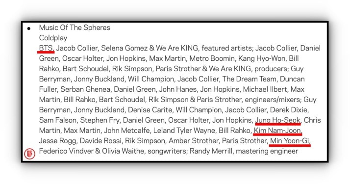 BTS is credited as a featuring artist, and J-hope, RM, and Suga are credited as songwriters in Coldplay’s “Music of the Spheres” album. | GRAMMY.