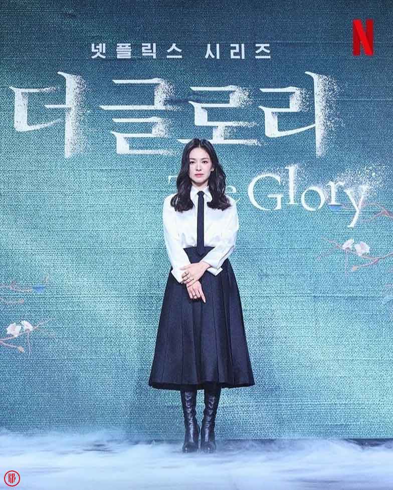 Song Hye Kyo at the press conference of Netflix’s new Korean drama, The Glory. | Twitter