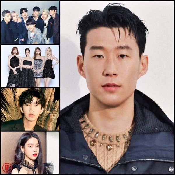 Right: Son Heung Min. Left top to bottom: BTS, BLACKPINK, Lim Young Woong, and IU.