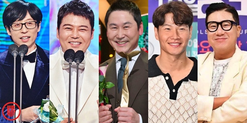 Yoo Jae Suk, Jun Hyun Moo, Shin Dong Yup, Kim Jong Kook, and Lee Sang Min.