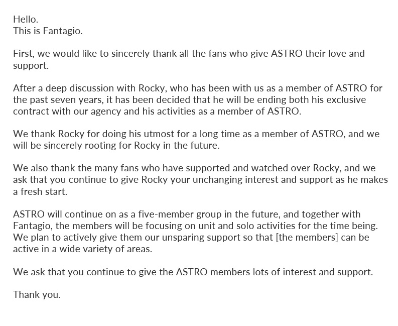 Fantagio Entertainment announced ASTRO rocky leaving the group