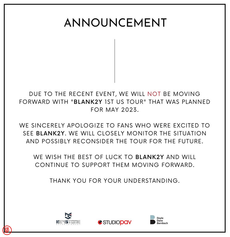 BLANK2Y canceled US Tour announcement. | Twitter