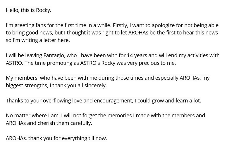 Rocky's heartfelt letter to AROHA
