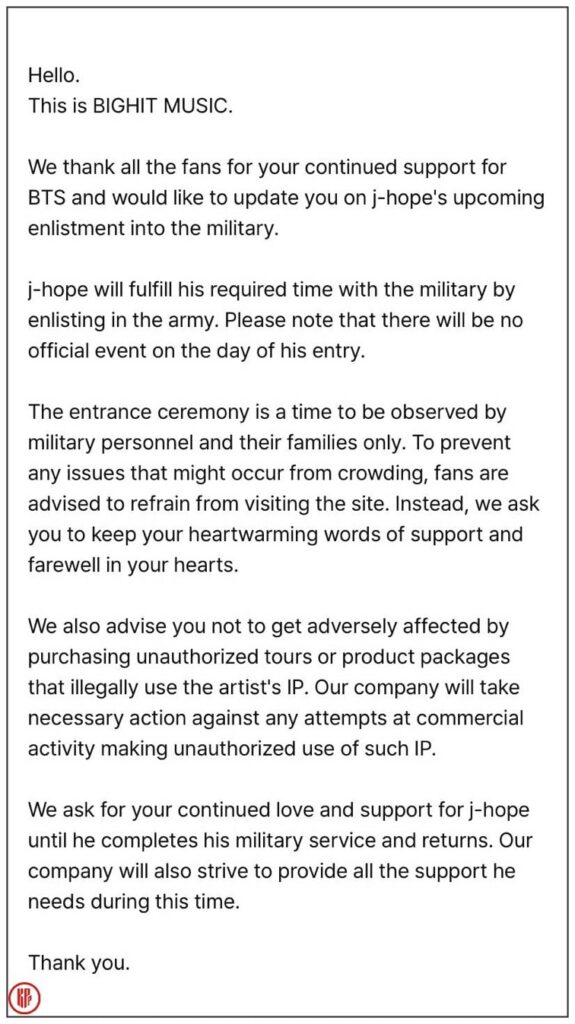 BIGHIT MUSIC BTS J-hope's military enlistment official announcement.|  Weverse.