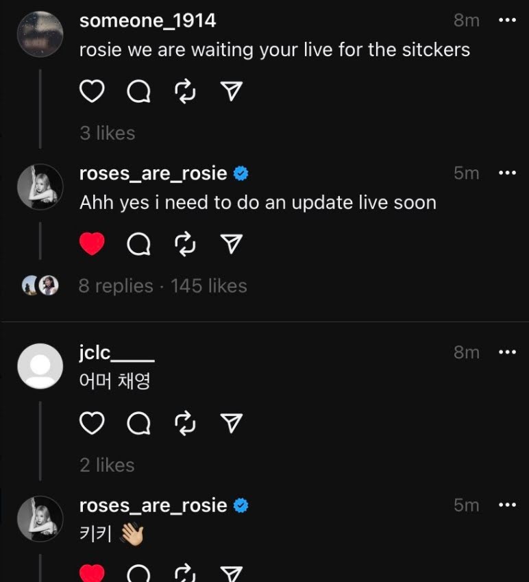Rosé interacted with fans on Threads