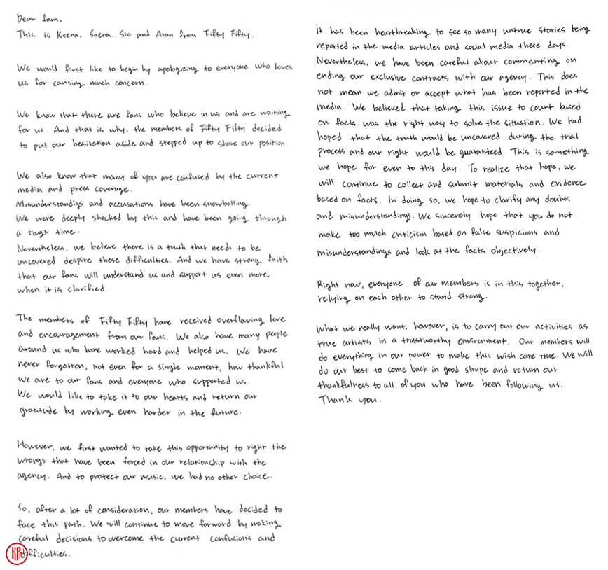 Handwritten letters from FIFTY FIFTY members. | Instagram