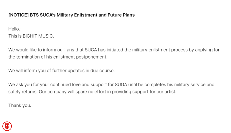 BIGHIT’s official announcement for SUGA military service enlistment. | Weverse