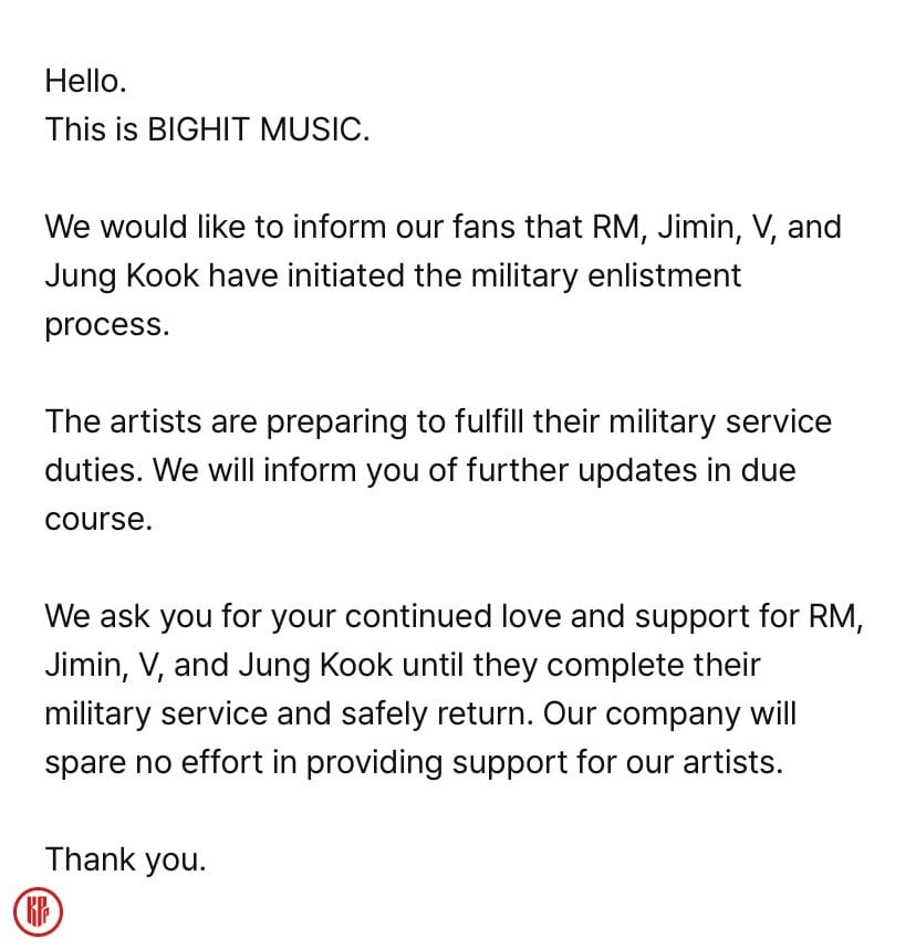Official announcement of military enlistment process of BTS members (RM, Jimin, V, and JungKook)