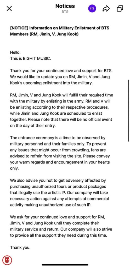 BIGHIT MUSIC official announcement on BTS RM, V, Jimin, and Jungkook's military service enlistment plans. | Weverse