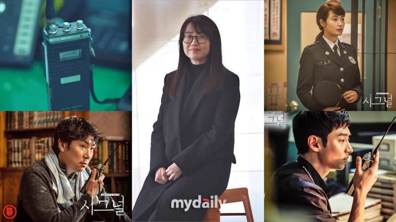 Writer Kim Eun Hee (middles) of Kdrama "Signal" and cast Kim Hye Soo (upper right), Jo Jin Woong (down left), and Lee Je Hoon (down left) | My Daily, tvN