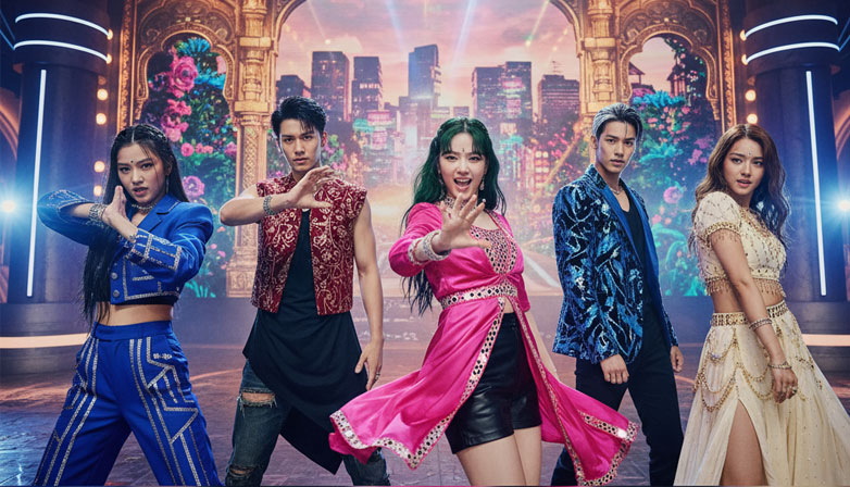 Bollywood K-pop idol group illustration on stage. | AI-generated
